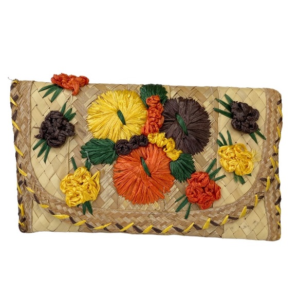 Vintage Floral Straw Clutch Bag - Picture 2 of 10
